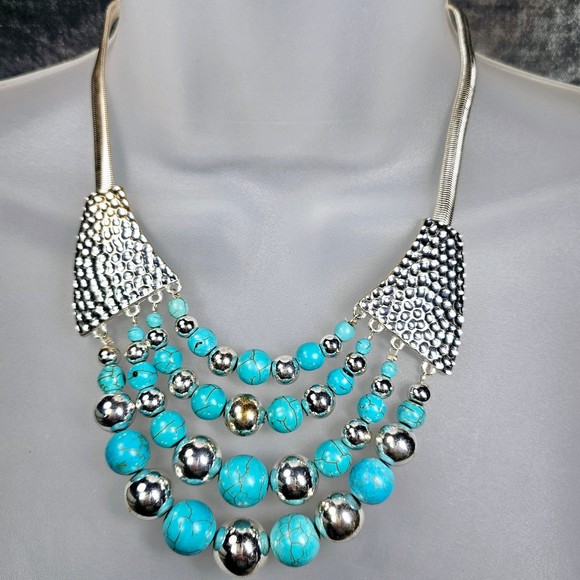 Faux Turquoise Necklace Bib Silvertone Multi Layer Beaded Statement Jewelry - Picture 2 of 8